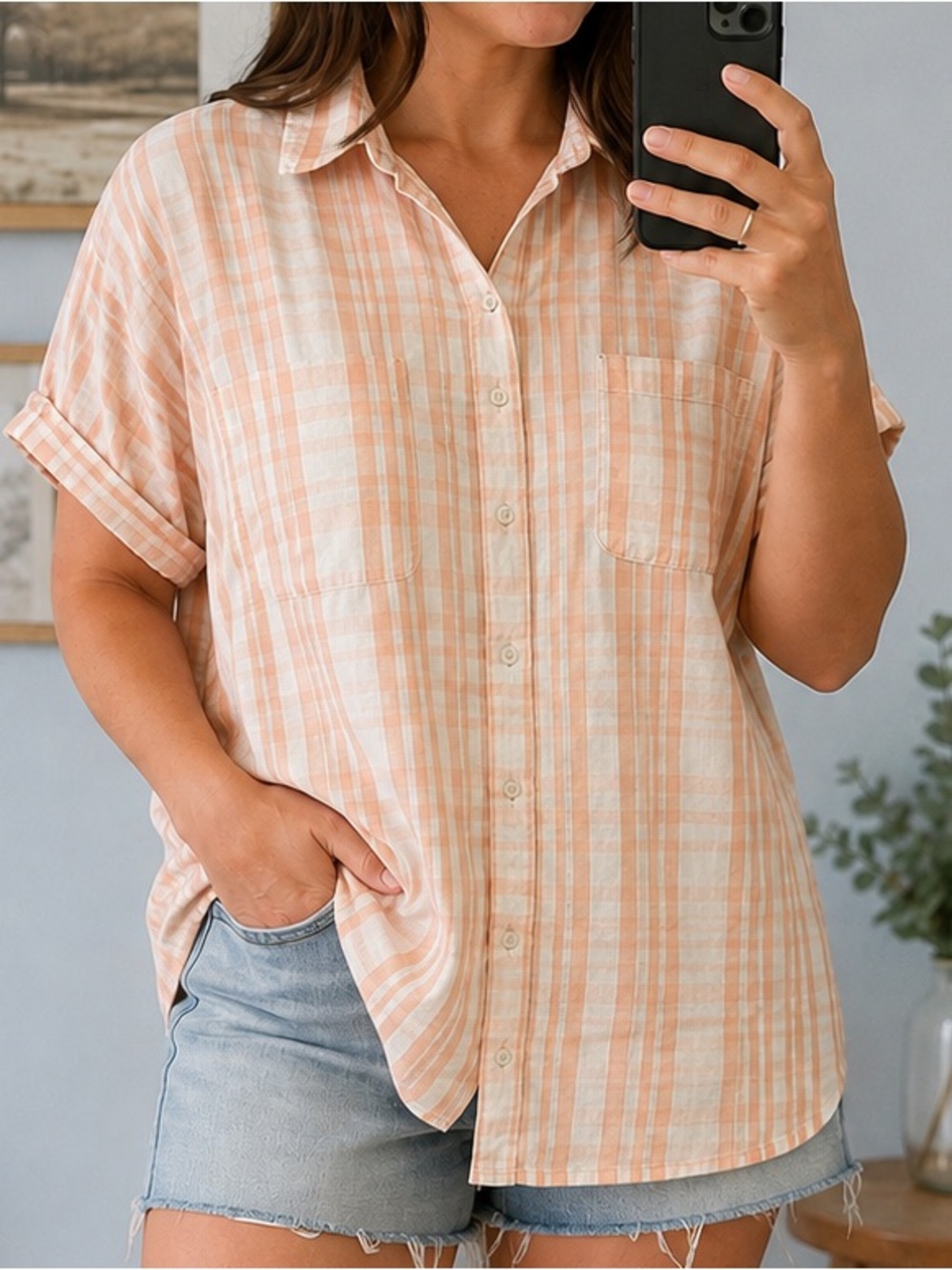Universal Thread Peach Plaid Button-Down Shirt